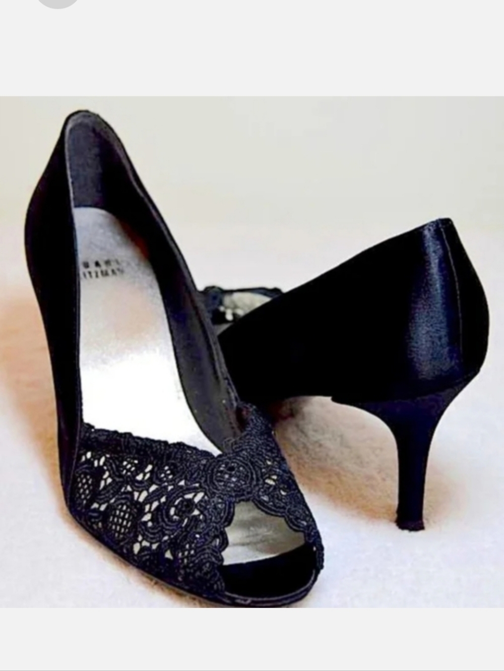 Stuart Weitzman Black Satin Chantilly Lace Peep Toe Heels Made in Spain NWT Sz 7